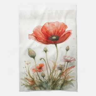 Watercolor Red Garden Flower Poppy Floral Tea Towel