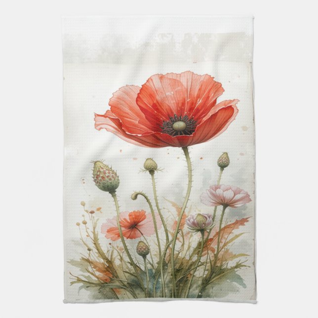 Watercolor Red Garden Flower Poppy Floral Tea Towel (Vertical)