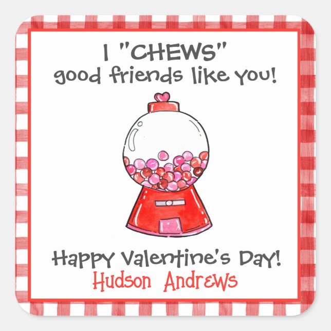 Watercolor Red Gingham Gumballs Valentine's Square Sticker (Front)
