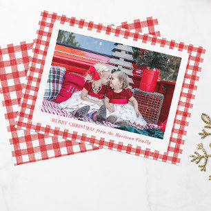 Watercolor Red Gingham Photo Christmas Holiday Card