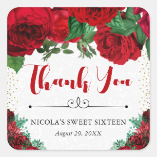 Watercolor Red Glam Roses Sweet 16 Square Sticker