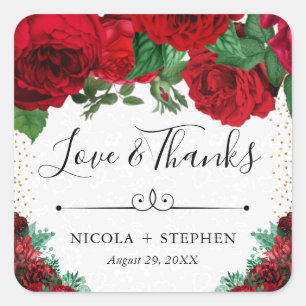 Watercolor Red Glam Roses Wedding Square Sticker