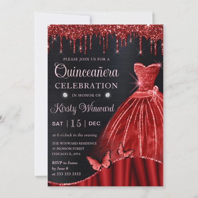 Watercolor Red Glitter Dress Quinceanera Invitation (Front)