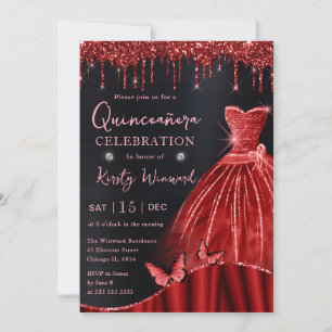Watercolor Red Glitter Dress Quinceanera Invitation
