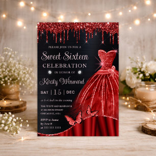 Watercolor Red Glitter Dress Sweet Sixteen Invitation