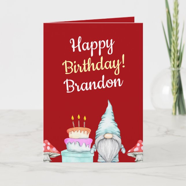 Watercolor Red Gnome Mushroom Birthday Card (Front)