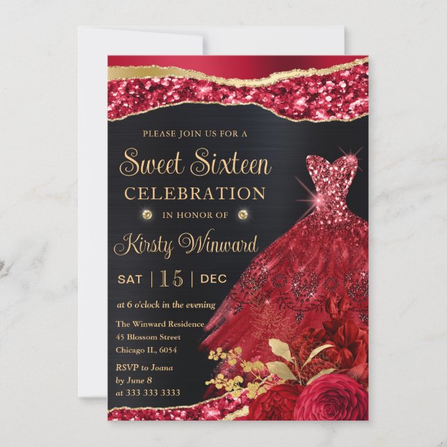 Watercolor Red & Gold Glitter Dress Sweet Sixteen Invitation (Front)