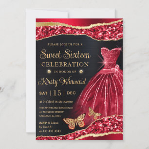 Watercolor Red & Gold Glitter Dress Sweet Sixteen Invitation