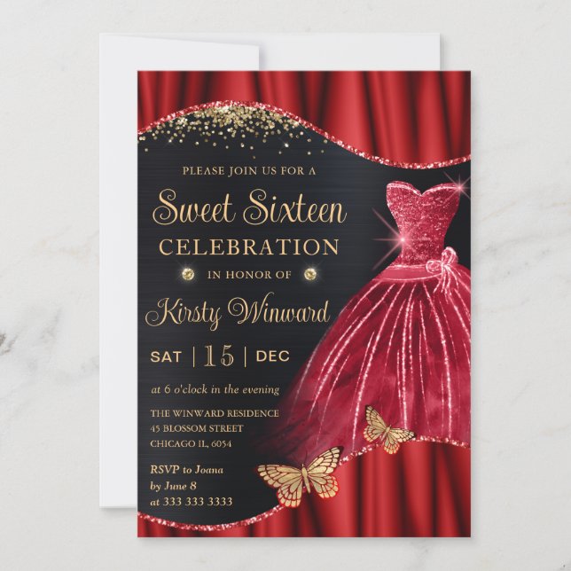 Watercolor Red & Gold Glitter Dress Sweet Sixteen Invitation (Front)