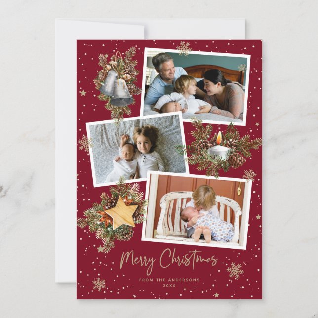 Watercolor Red Gold Photo Merry Christmas Cards (Front)