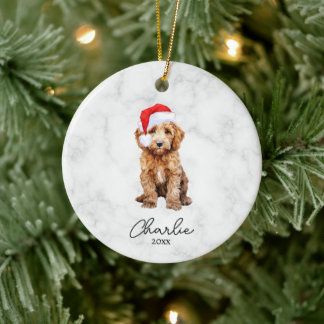 Watercolor Red Goldendoodle Farmhouse Christmas Ceramic Tree Decoration
