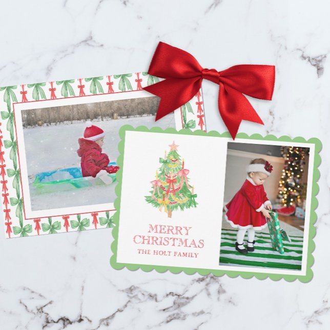 Watercolor Red Green Bow Coquette Christmas Photo Holiday Card (Creator Uploaded)