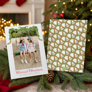 Watercolor Red & Green Bow Garland Swag Photo Holiday Card