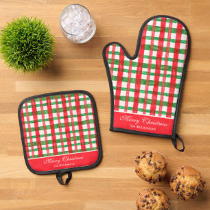 Watercolor Red & Green Buffalo Plaid Custom Oven Mitt & Pot Holder Set