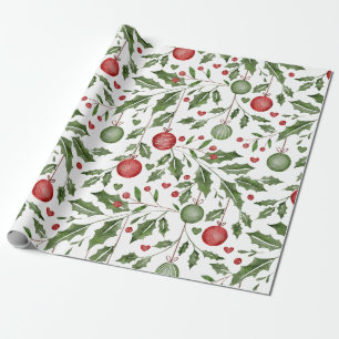 Watercolor Red Green Christmas Floral Wrapping Paper