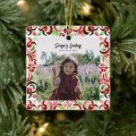 Watercolor Red & Green Christmas Photo  Ceramic Ornament<br><div class="desc">Your custom photo over red and green watercolor tile design.  Personalise the white text at top of photo.</div>