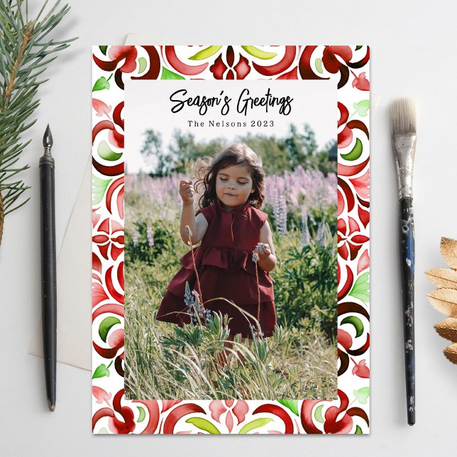 Watercolor Red & Green Christmas Photo  Holiday Card (Creator Uploaded)