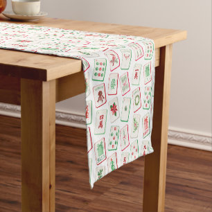 Watercolor Red & Green Christmas Tiles Short Table Runner