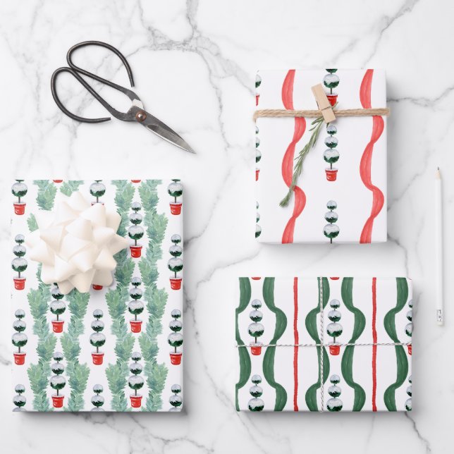 Watercolor Red & Green Christmas Topiary Wrapping Paper Sheet (Front)
