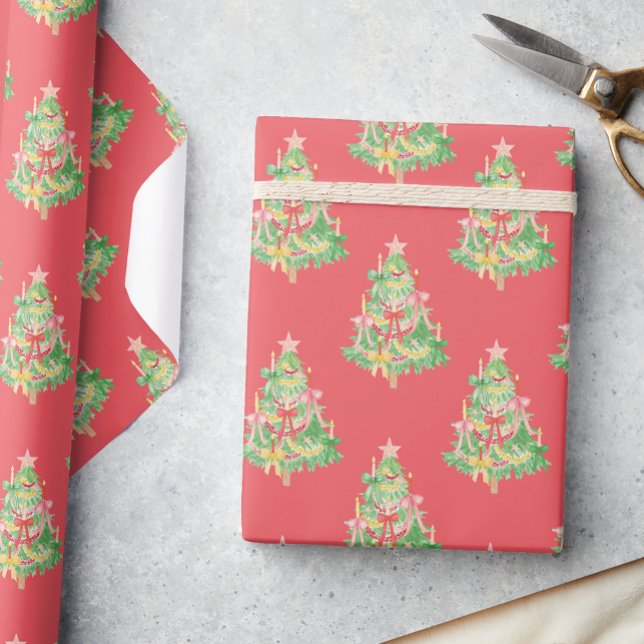 Watercolor Red & Green Coquette Christmas Tree Wrapping Paper (Creator Uploaded)
