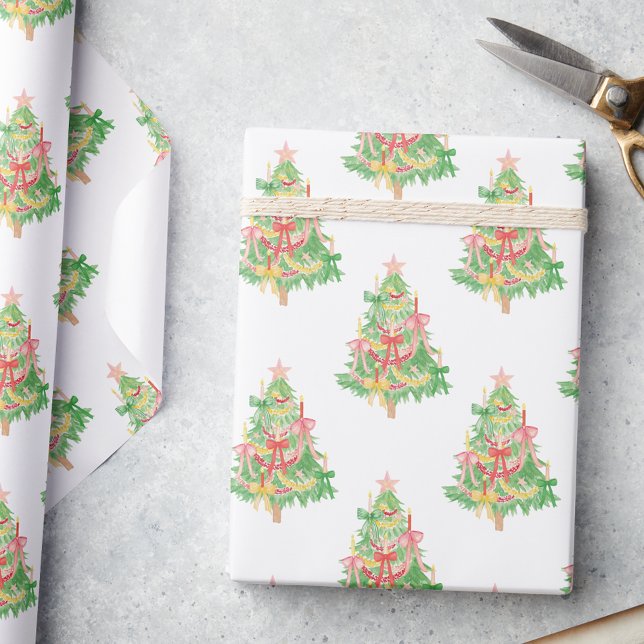 Watercolor Red & Green Coquette Christmas Tree Wrapping Paper (Creator Uploaded)