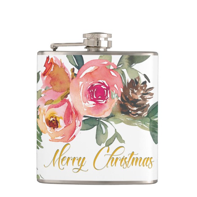 Watercolor Red Green Floral Christmas Flask (Front)