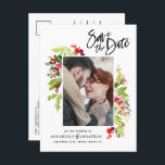 Watercolor red green foliage photo save the date announcement postcard<br><div class="desc">winter botanical foliage red and green watercolor wedding save the date card</div>