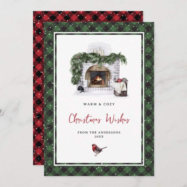 Watercolor Red Green Plaid Christmas Wishes Cards (Front/Back)