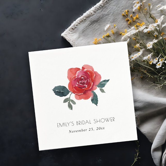 WATERCOLOR RED GREEN ROSE FLORAL BRIDAL SHOWER NAPKIN (Creator Uploaded)