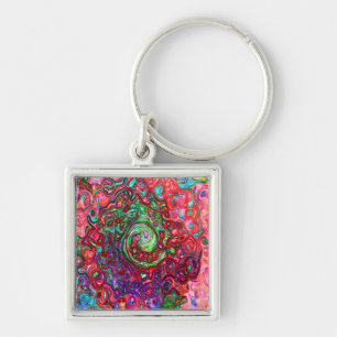 Watercolor Red Groovy Abstract Retro Liquid Swirl Key Ring
