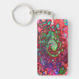 Watercolor Red Groovy Abstract Retro Liquid Swirl Key Ring