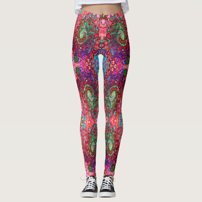 Watercolor Red Groovy Abstract Retro Liquid Swirl Leggings (Front)