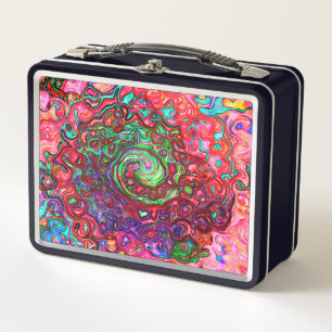 Watercolor Red Groovy Abstract Retro Liquid Swirl Metal Lunch Box
