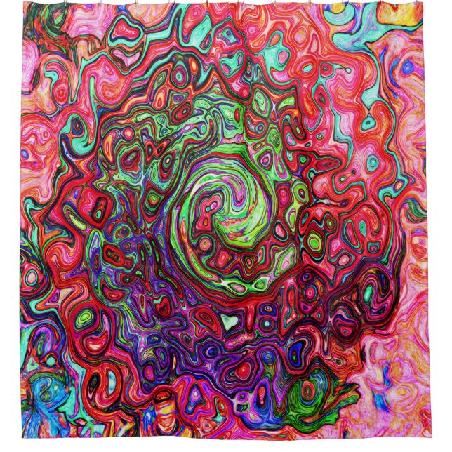 Watercolor Red Groovy Abstract Retro Liquid Swirl Shower Curtain (Front)