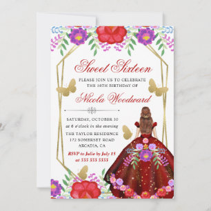 Watercolor red head Mexican Floral Dress Sweet 16 Invitation