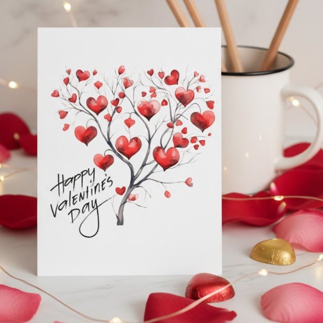 Watercolor Red Hearts Love Tree Valentine's Day Holiday Postcard (Creator Uploaded)