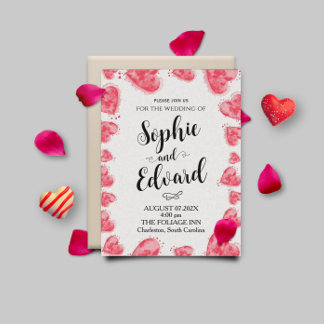 Watercolor Red Hearts on Romantic Wedding Invitation