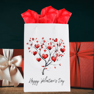 Watercolor Red Hearts Tree Happy Valentine's Day Medium Gift Bag