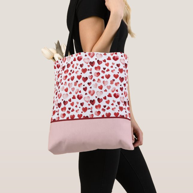 Watercolor Red Hearts Valentine's Day Colour Block Tote Bag (Close Up)