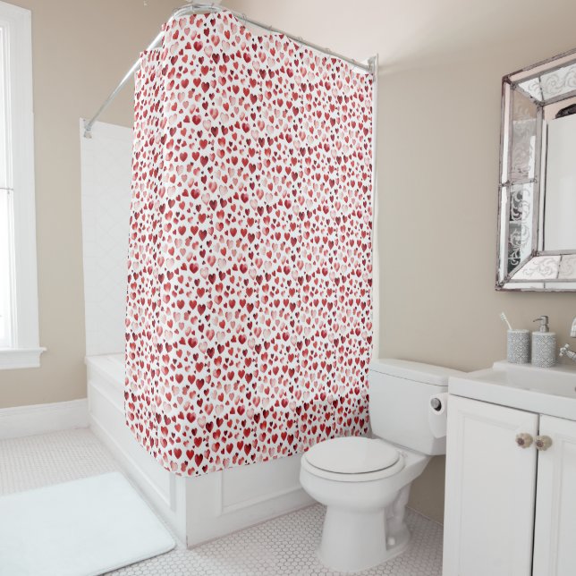 Watercolor Red Hearts Valentine's Day Shower Curtain (In Situ)
