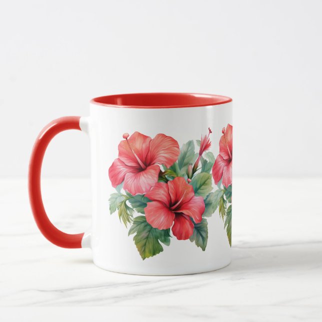 Watercolor Red Hibiscus Tropical Floral Greenery Mug (Left)