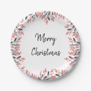 Watercolor Red Holiday Party Winter Berries Leaves Paper Plate