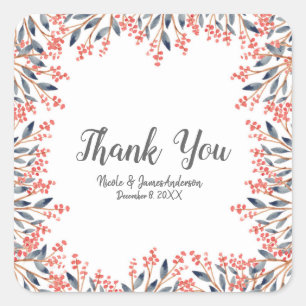 Watercolor Red Holiday Winter Berries Wedding Square Sticker
