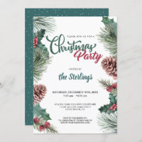 Watercolor Red Holly Pine Border Christmas Party
