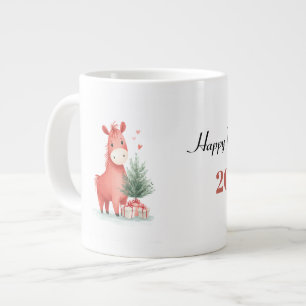 Watercolor Red Horse with Gifts & Christmas Tree  Large Coffee Mug