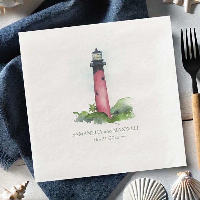 Watercolor Red Lighthouse Beach Wedding Napkin (Beach wedding napkins watercolor nautical lighthouse art by Victoria Grigaliunas of Do Tell A Belle)
