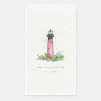 Watercolor Red Lighthouse Beach Wedding