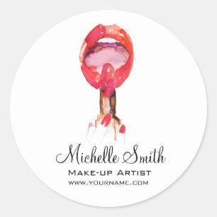 Watercolor red lips and lipstick makeup branding  classic round sticker