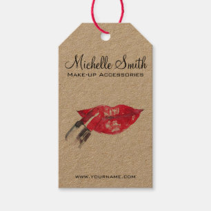 Watercolor red lips and lipstick makeup branding gift tags