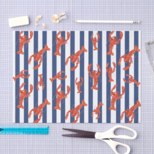 Watercolor red lobster on navy stripes tissue paper